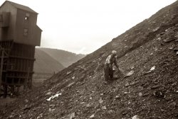 1937. Salvaging coal from the slag heap at Nanty Glo, Pennsylvania. Coal pickers get 10 cents for each hundred-pound sack or two dollars a ton. One man can make from 10 to 20 sacks a day. View full size. 35mm nitrate negative by Ben Shahn.