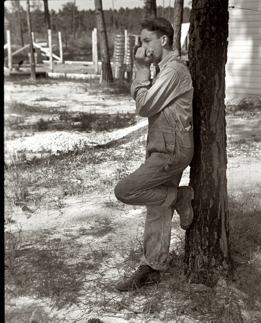 1937. "Boy playing mouth organ. Penderlea Homesteads, North Carolina." 35mm nitrate negative by Ben Shahn, Farm Security Administration. View full size.
