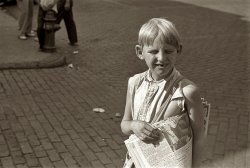 Summer 1938. "Newsboy in Newark, Ohio." View full size. 35mm negative by Ben Shahn. [Update: The always amazing Joe Manning has come through again, and managed to find out this boy's name -- Richard Wolverton. You can read about him on Joe's Web site.] Original post date 02-21-2008.
