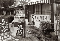 Summer 1938. More of Floyd's Place: "Roadside inn, Central Ohio. The figure of the body, originally distributed to advertise the Newark Indian Mounds, has been redecorated." View full size. 35mm nitrate negative by Ben Shahn for the FSA.