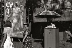 August 1938. "Sideshow, county fair, central Ohio." 35mm nitrate negative by Ben Shahn for the Farm Security Administration. View full size.