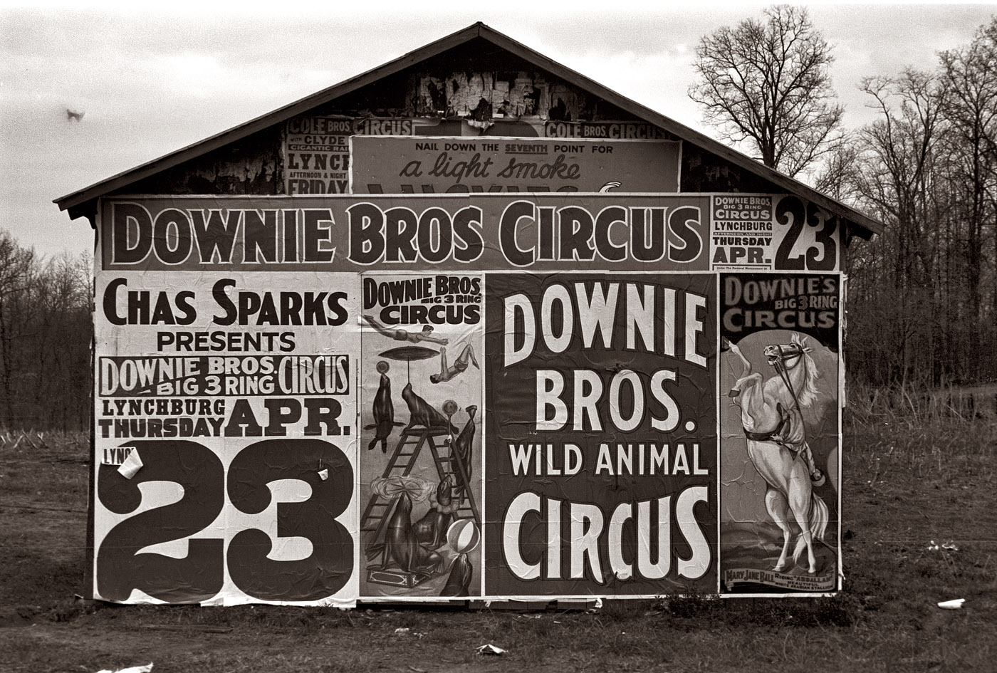 Posters advertising a 1936 circus near Lynchburg, South Carolina. 35mm nitrate negative by Walker Evans for the Farm Security Administration. View full size.