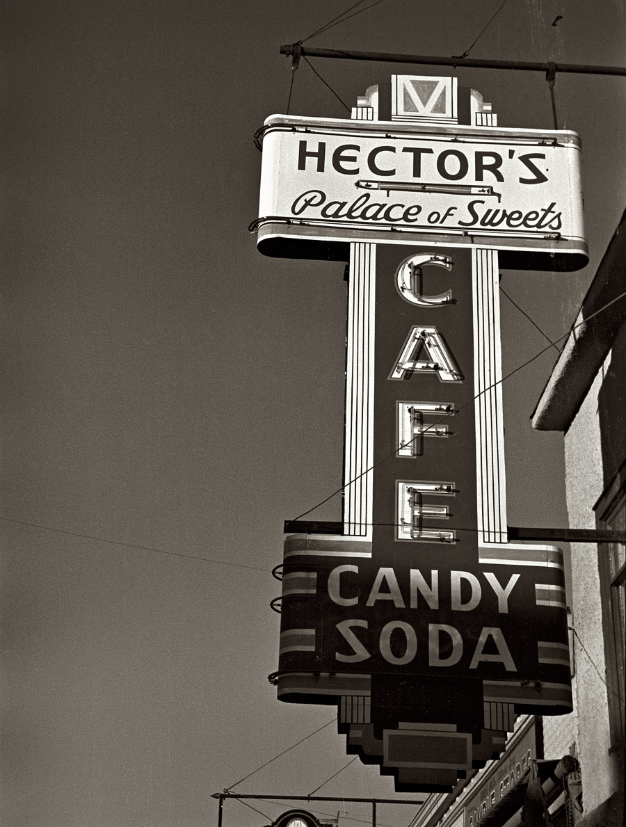 November 1937. Neon sign for Hector’s Palace of Sweets Cafe in Crosby, North Dakota. View full size. 35mm nitrate negative by Russell Lee for the FSA.