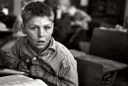 November 1937. Pupil in rural school. Williams County, North Dakota. 35mm nitrate negative by Russell Lee, Farm Security Administration. View full size.