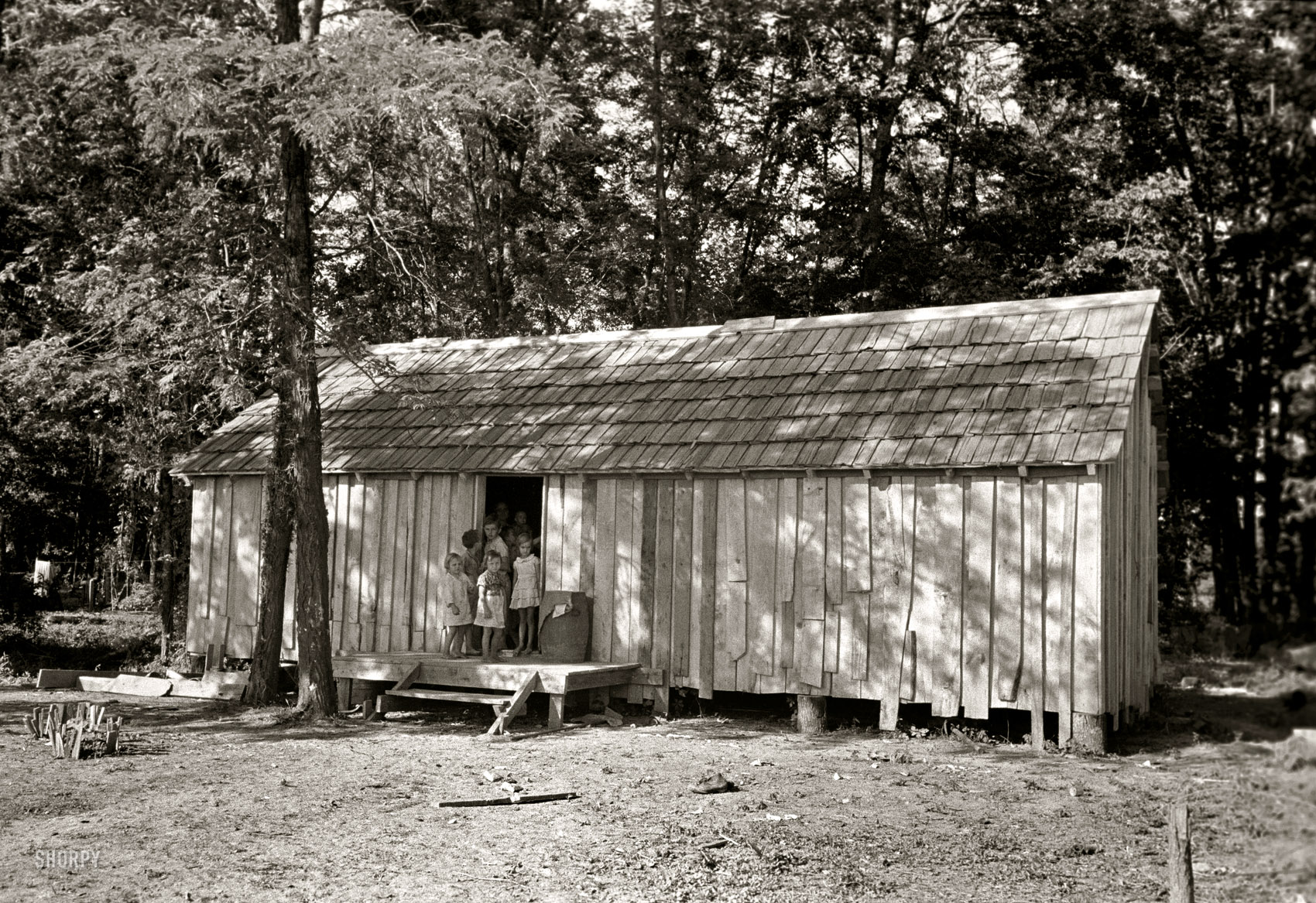 May 1938. New Madrid County, Missouri. "House without windows. Home of sharecropper cut-over farmers of Mississippi bottoms." 35mm nitrate negative by Russell Lee for the Farm Security Administration. View full size.