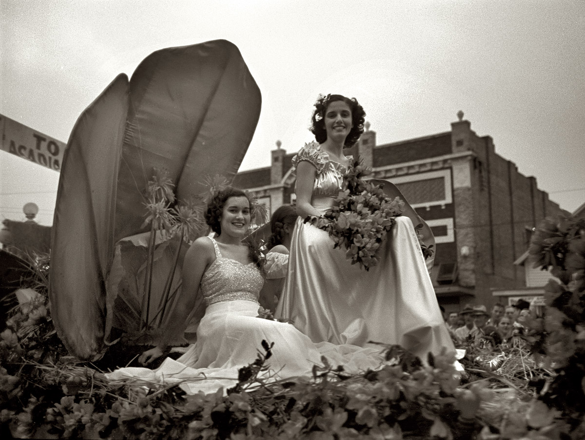October 1938. "Princesses on float at the National Rice Festival parade. Crowley, Louisiana." View full size. 35mm nitrate negative by Russell Lee for the FSA.