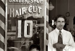 March 1939. "Mexican barber. San Antonio, Texas." View full size. 35mm nitrate negative by Russell Lee for the Farm Security Administration.
