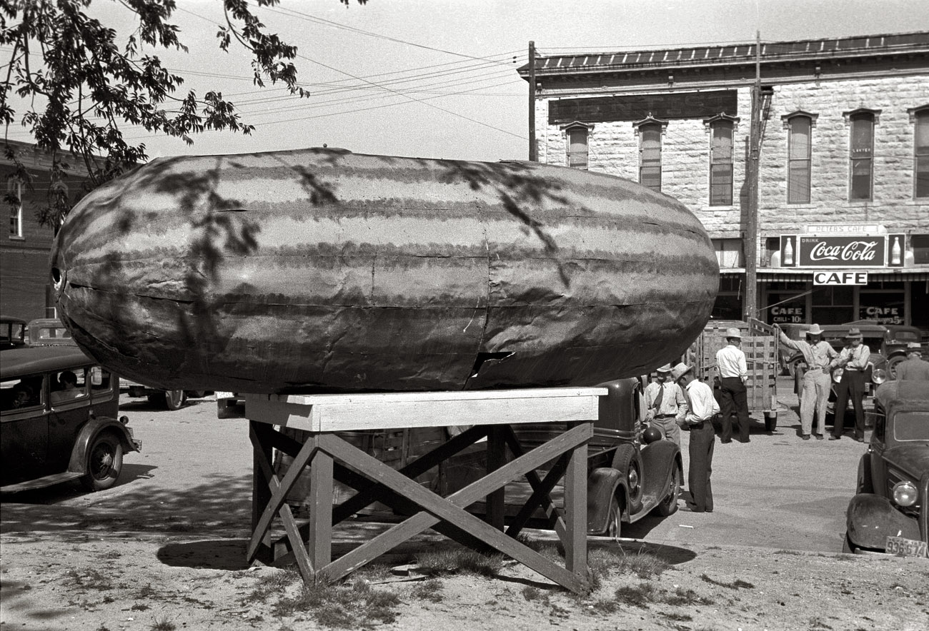 May 1939. "Statue to the watermelon. Weatherford, Texas, watermelon center." View full size. 35mm negative by Russell Lee, Farm Security Administration.