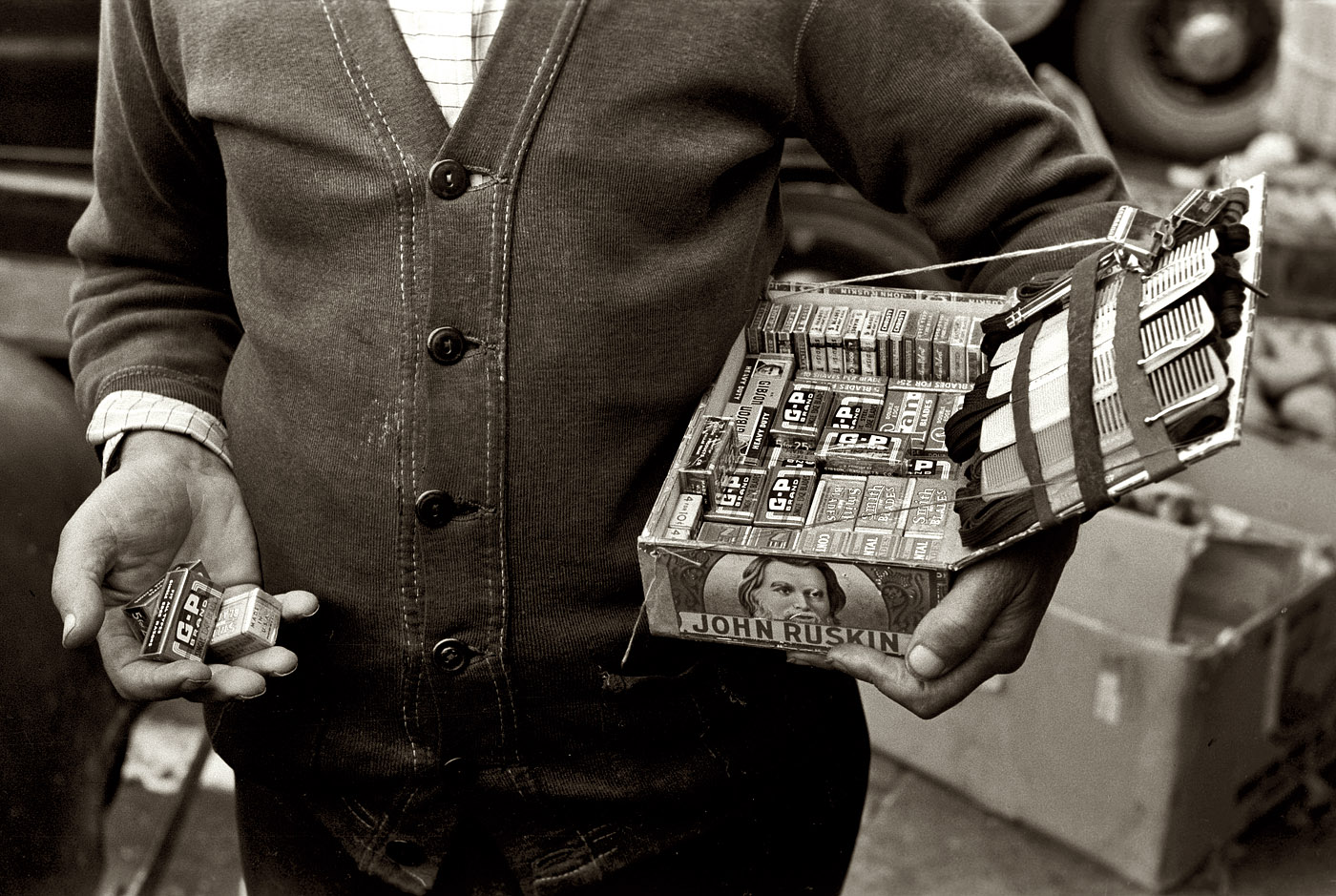 November 1939. "Street vendor's goods. Waco, Texas." View full size. 35mm nitrate negative by Russell Lee for the Farm Security Administration.