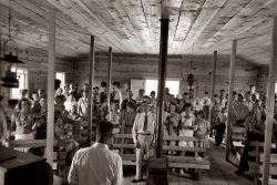 June 1940. An all-day community sing in Pie Town, New Mexico. View full size. 35mm nitrate negative by Russell Lee for the Farm Security Administration.