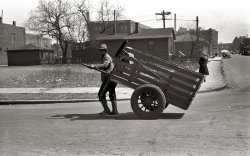 April 1941. "Man-drawn carts are common on South Side of Chicago." 35mm negative by Russell Lee for the Farm Security Administration. View full size.