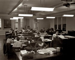 April 1941. Clerical staff of a South Side Chicago insurance company. 35mm nitrate negative by Russell Lee for the FSA. View full size.