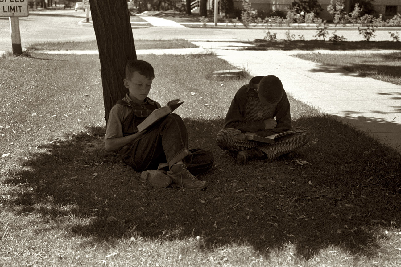 July 1941 in Caldwell, Idaho. "Two boys read storybooks in the shade." 35mm negative by Russell Lee for the FSA. View full size. Below: Their kid-size tree.

