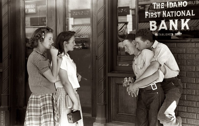 July 1941. "Boys and girls. Caldwell, Idaho." View full size. 35mm nitrate negative by Russell Lee for the FSA. I see the makings here of a double date.