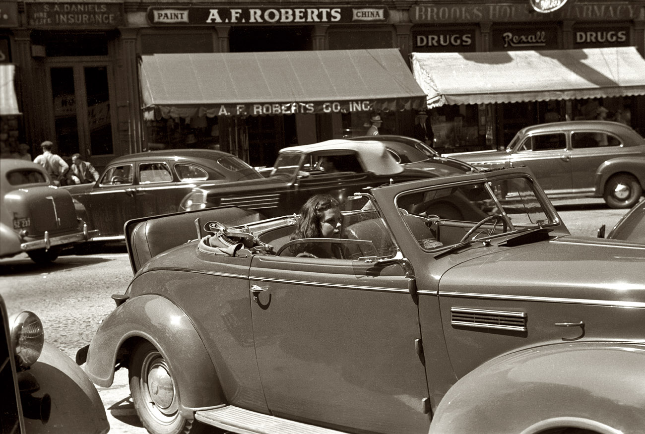 August 1941. Cars in the business district of Brattleboro, Vermont. 35mm nitrate negative by Jack Delano for the Farm Security Administration. View full size.
