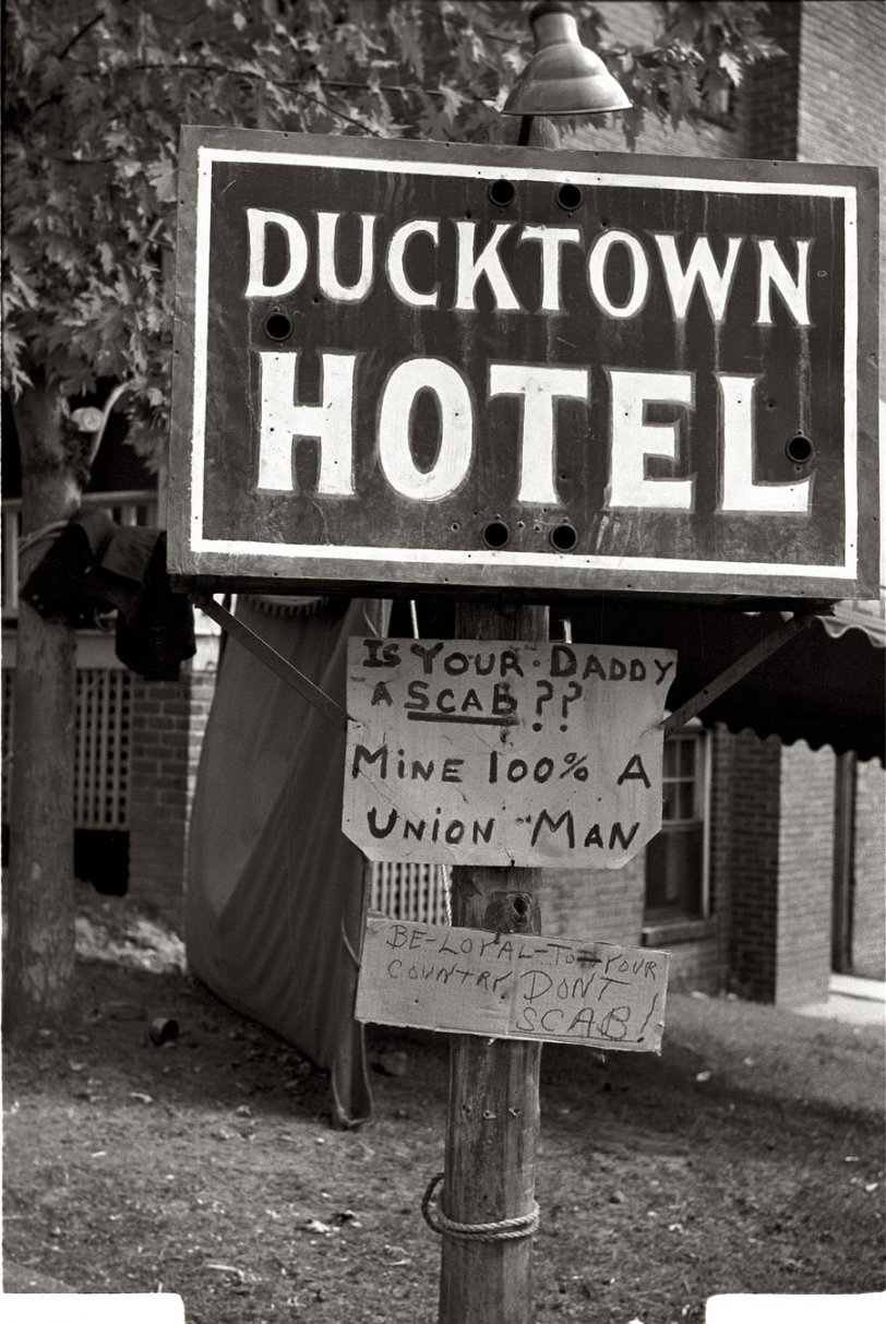 October 1939. "Pickets' sign outside copper mine during strike. Ducktown, Tenn." View full size. 35mm nitrate negative by Marion Post Wolcott for the FSA.

