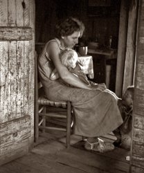 Summer 1936. Lily Rogers Fields and two of her children in their Hale County, Alabama, cabin. Husband is cotton sharecropper Bud Fields. View full size. 35mm nitrate negative by Walker Evans for the Farm Security Administration.