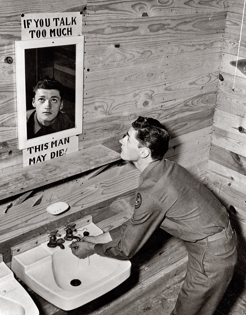 Private Ivan A. Smith, editor of the Camp Hood Panther,  at Camp Hood, Texas, originated this novel method of reminding fellow soldiers to practice discretion. From the Office of War Information, 1943. View full size.
