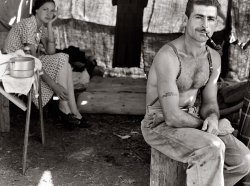 Oregon, August 1939. "Unemployed lumber worker goes with his wife to the bean harvest. Note Social Security number tattooed on his arm." (And now a bit of Shorpy scholarship / detective work. A public records search shows that 535-07-5248 belonged to one Thomas Cave, born July 1912, died in 1980 in Portland. Which would make him 27 years old when this picture was taken.) Medium format safety negative by Dorothea Lange. View full size.