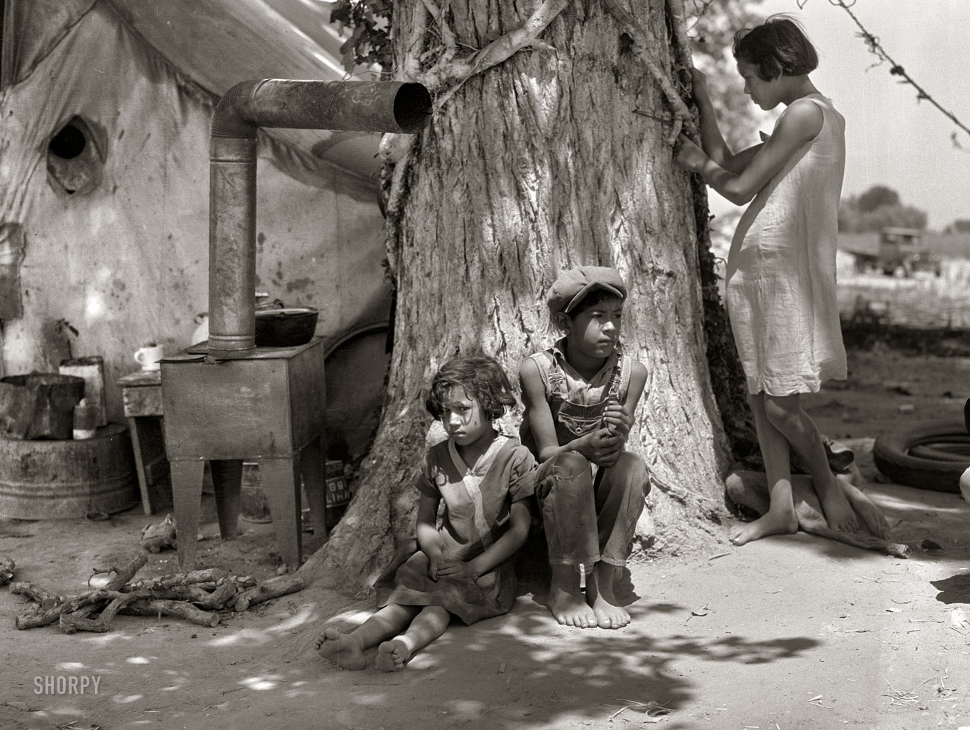 June 1935. Somewhere in California. "Motherless migrant children. They work in the cotton." Medium-format nitrate negative by Dorothea Lange for the Resettlement Administration. View full size.