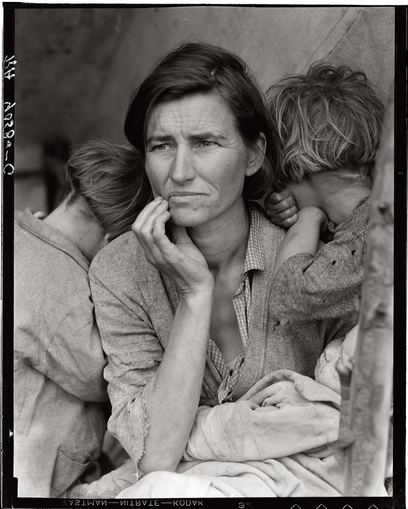 &nbsp; &nbsp; &nbsp; &nbsp; The anonymous subject of this famous Depression-era portrait known as "Migrant Mother" came forward in the late 1970s and was revealed to be Florence Owens Thompson. She died in 1983.
February 1936. Nipomo, California. "Destitute pea pickers living in tent in migrant camp. Mother of seven children. Age thirty-two." Photo by Dorothea Lange. View full size.