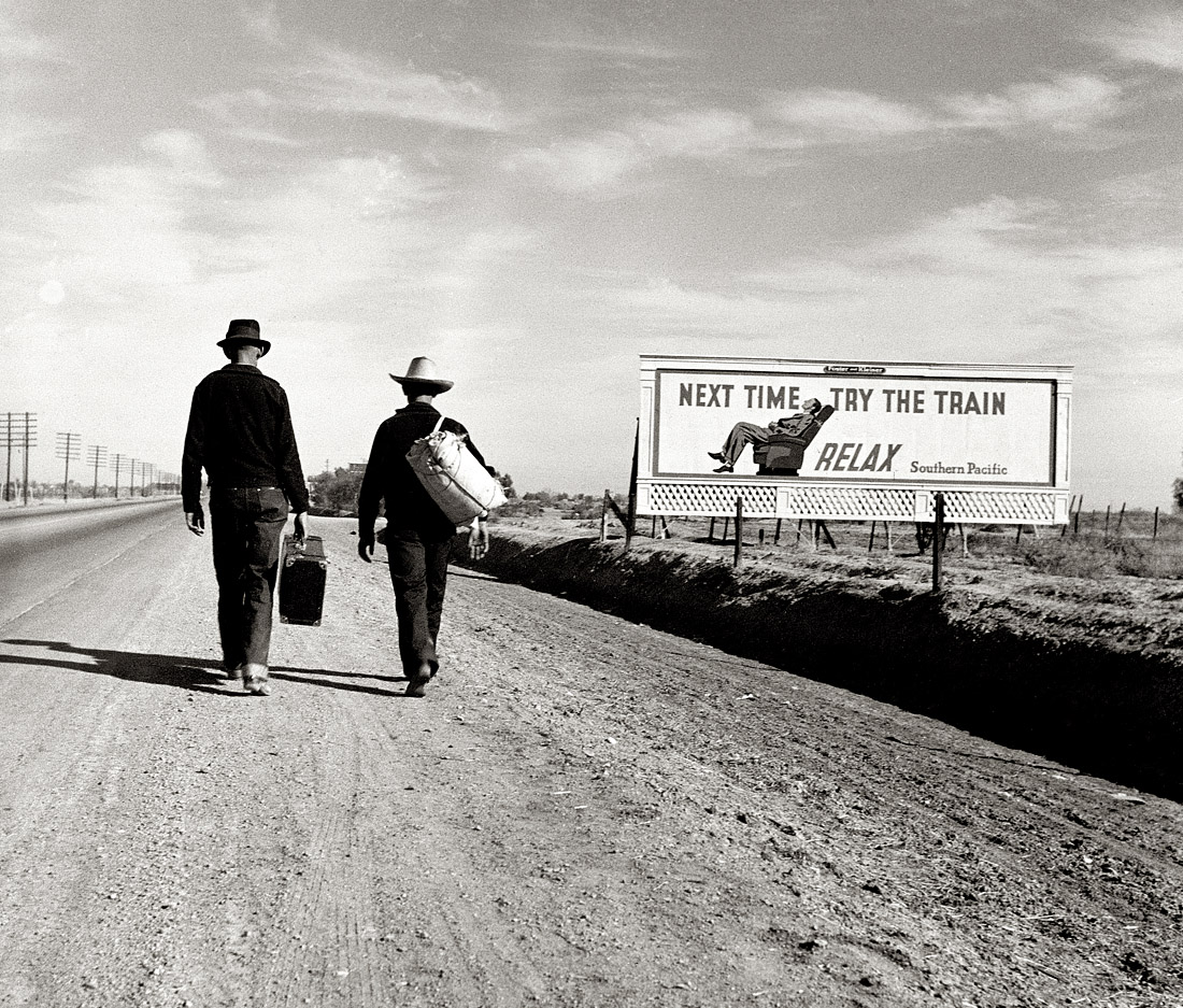 California, March 1937. "Toward Los Angeles." View full size. Medium format nitrate negative by Dorothea Lange for the Farm Security Administration.
