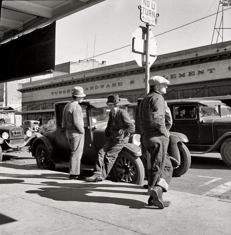 March 1937. "Men on 'Skid Row.' Modesto, California." Medium-format nitrate negative by Dorothea Lange for the Resettlement Administration. View full size.
