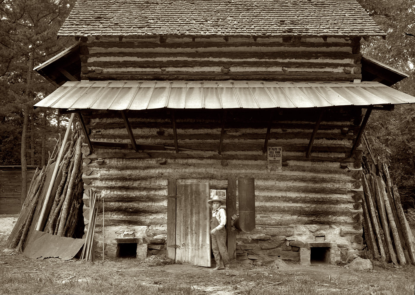 July 1939. Person County, North Carolina. A tobacco curing barn ready for "putting in," with fuel stacked on either side. The sticks are fed in through the small openings at the base. Piece of sheet iron on the left is used to cover the opening of the furnace when starting the fire. View full size. Medium-format nitrate negative by Dorothea Lange for the Farm Security Administration.