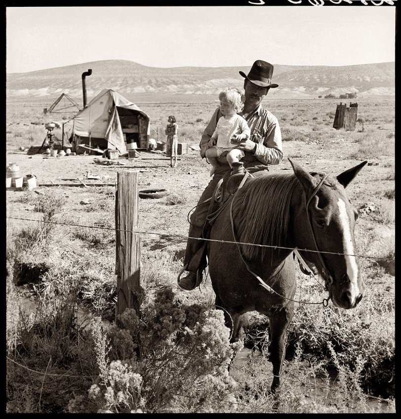 October 1939. "The Fairbanks family has moved to three different places on the project in one year." Willow Creek area, Malheur County, Oregon. Photograph by Dorothea Lange for the Farm Security Administration. View full size.
