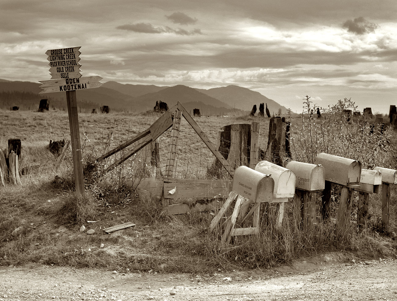 October 1939. "Crossroads off the highway in a cut-over area. Boundary County, Idaho." View full size.  Medium-format nitrate negative by Dorothea Lange.