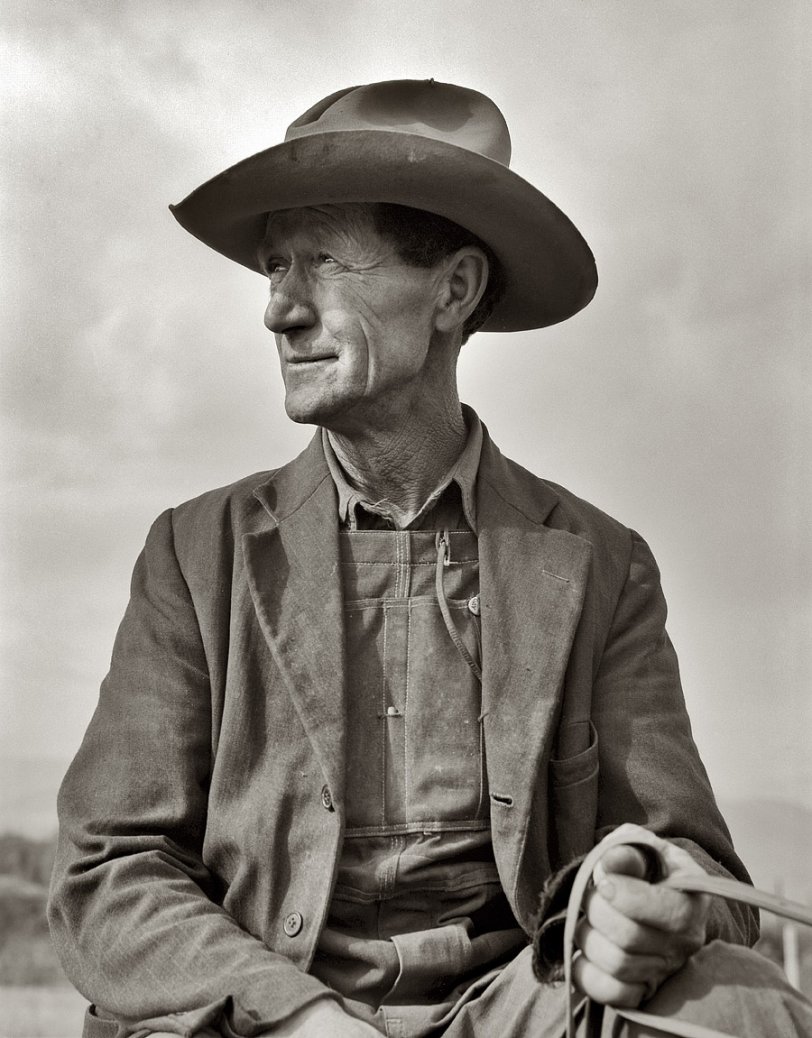 October 1939. "Ex-Nebraska farmer now developing farm out of the stumps. Bonner County, Idaho." View full size.  Medium-format nitrate negative by Dorothea Lange for the Farm Security Administration.
