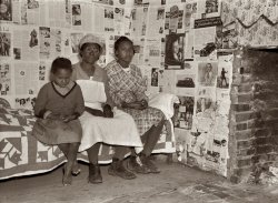 February 1937. "Negroes at Gee's Bend, Alabama. Descendants of slaves of the Pettway plantation. They are still living very primitively on the plantation." Here we see one of the celebrated Gee's Bend quilts. Medium format nitrate negative by Arthur Rothstein for the Farm Security Administration. View full size.