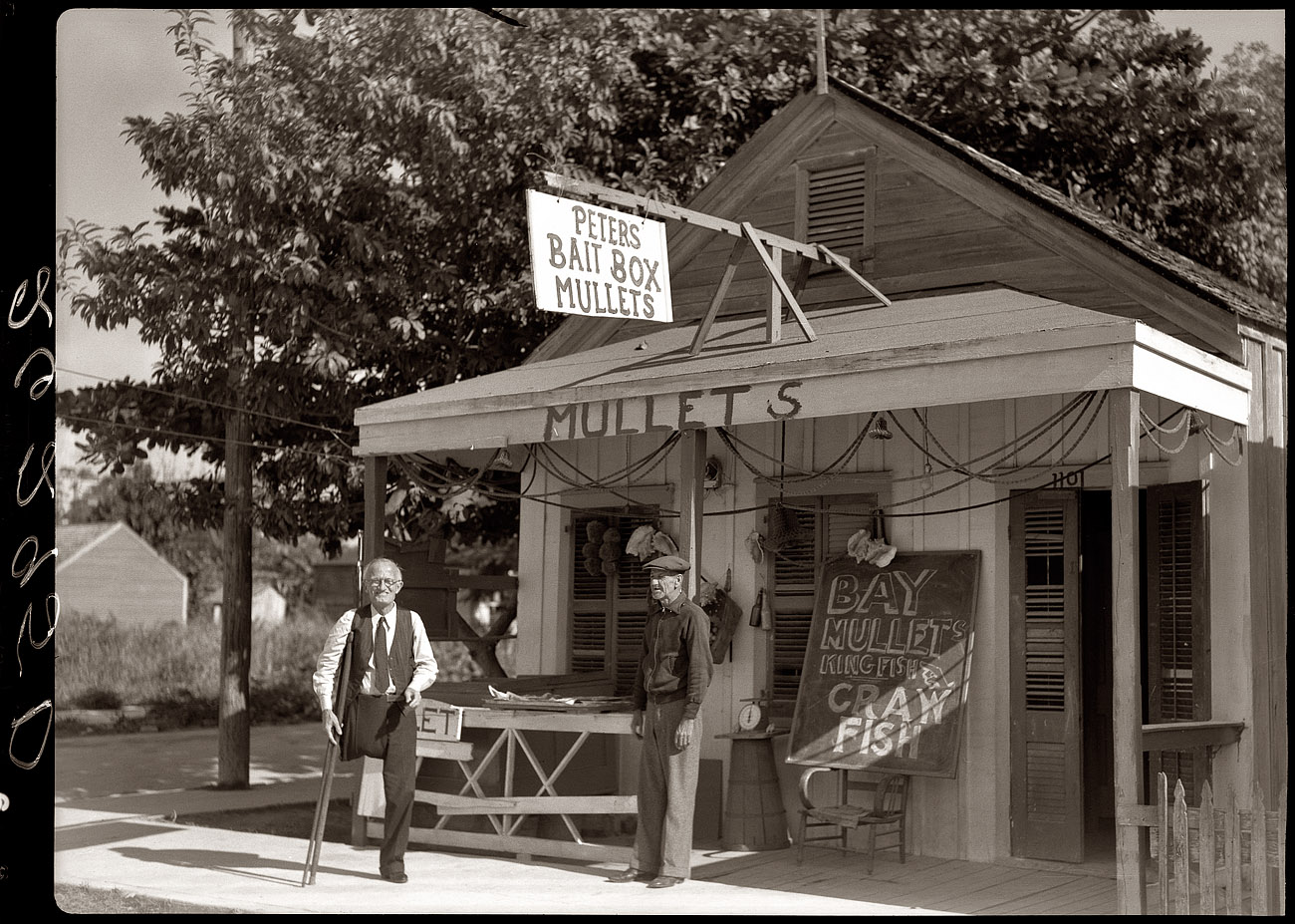 January 1938. Bait seller in Key West, Florida. View full size. 3¼ x 4¼ nitrate negative by Arthur Rothstein for the Farm Security Administration.
