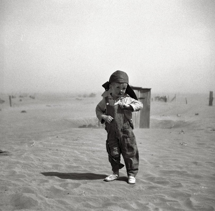 April 1936. "Son of farmer in dust bowl area. Cimarron County, Oklahoma." Medium format nitrate negative by Arthur Rothstein for the Farm Security Administration. View full size. Arthur's daughter Annie Rothstein-Segan writes in with a reminder that Documenting the Face of America, about the thousands of Depression/WW2 era photos taken by her dad and others under the auspices of the FSA-OWI, premieres tonight at 10 on PBS. NYT article.
