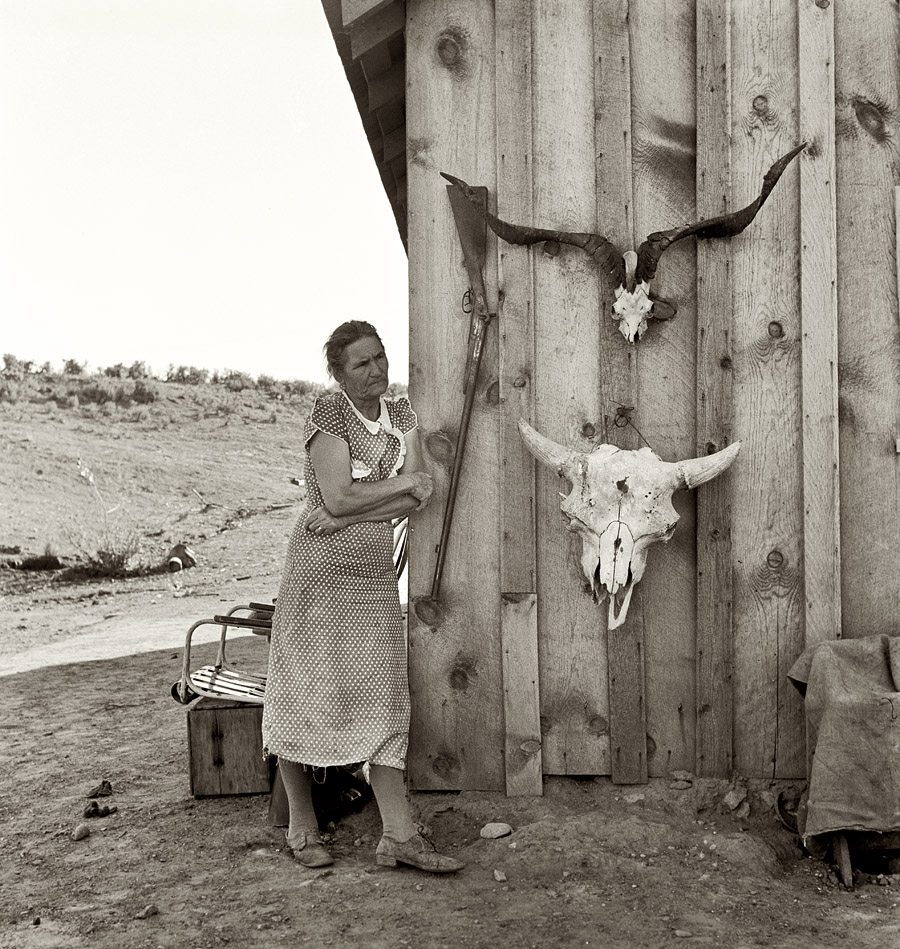 October 1939. "Mrs. Sam Cates, wife of Cow Hollow farmer. Malheur County, Oregon." View full size.  Medium-format nitrate negative by Dorothea Lange.