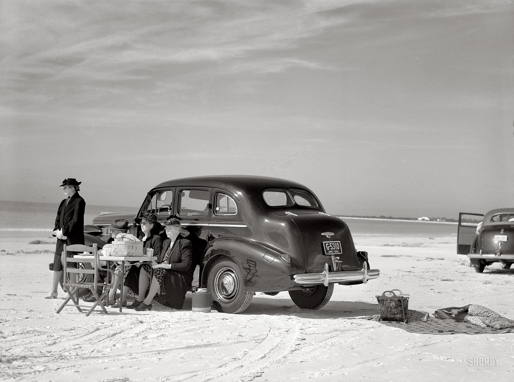 January 1941. Sarasota, Florida. "Guests of Sarasota trailer park picnicking at the beach." Medium format negative by Marion Post Wolcott.  View full size.