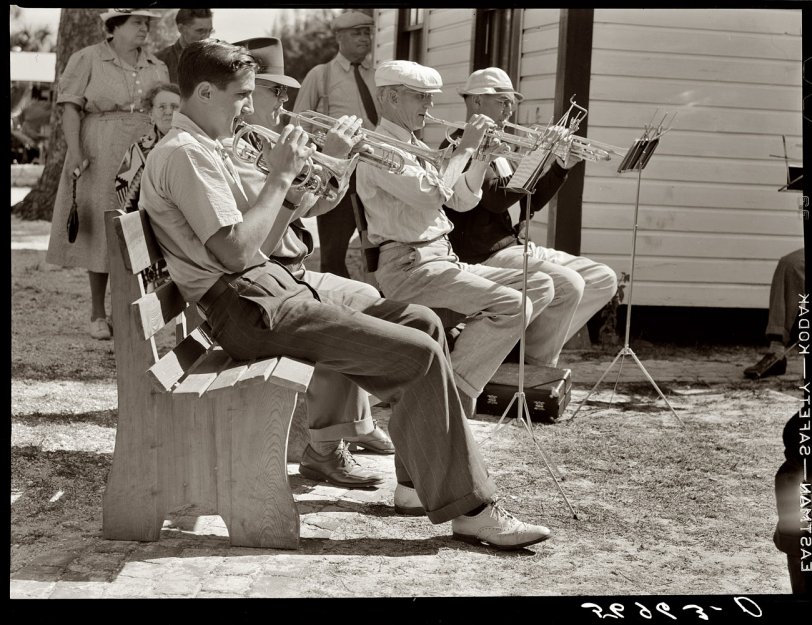 Photo of: Warming Up: 1941 -- January 1941. Band composed of guests at a trailer park in Sarasota, Florida. View full size. Medium-format safety negative by Marion Post Wolcott.