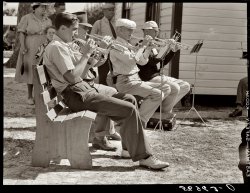 January 1941. Band composed of guests at a trailer park in Sarasota, Florida. View full size. Medium-format safety negative by Marion Post Wolcott.