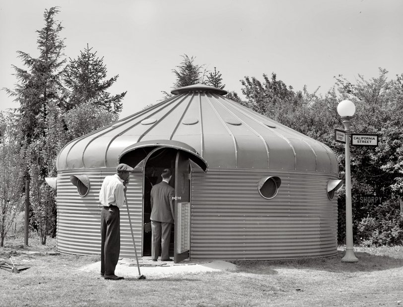 May 1941. "Diamaxion [Dymaxion] house, metal, adapted corn bin, built by Butler Brothers, Kansas City. Designed and promoted by R. Buckminster Fuller." Medium format negative by Marion Post Wolcott.  View full size.

