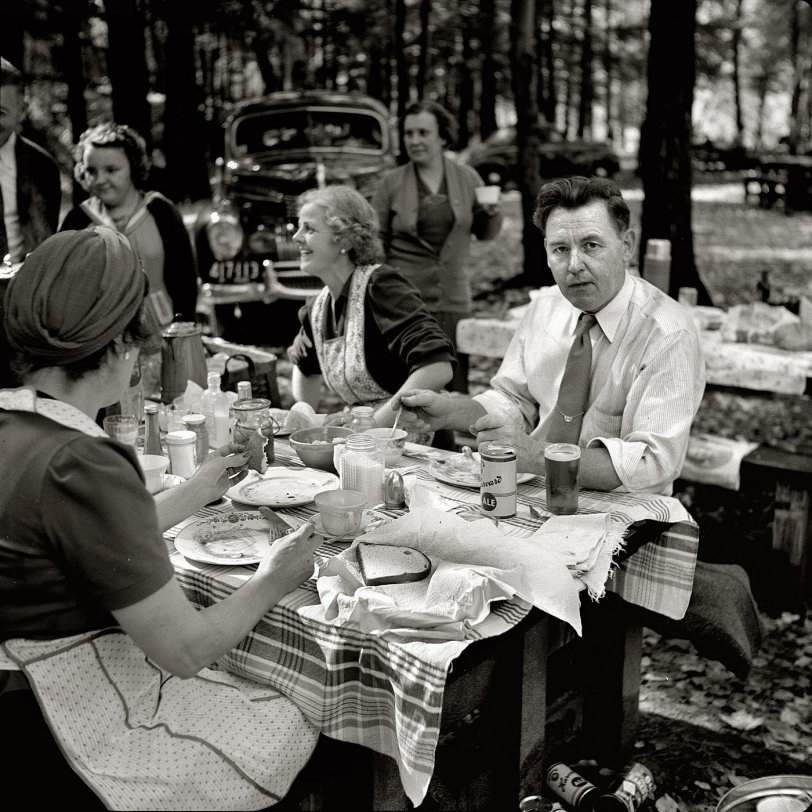 October 1941. "Picnic party from the mill towns enjoys the autumn foliage of the Berkshires along the Mohawk Trail in Massachusetts." View full size. Medium format nitrate negative by John Collier for the Farm Security Administration.
