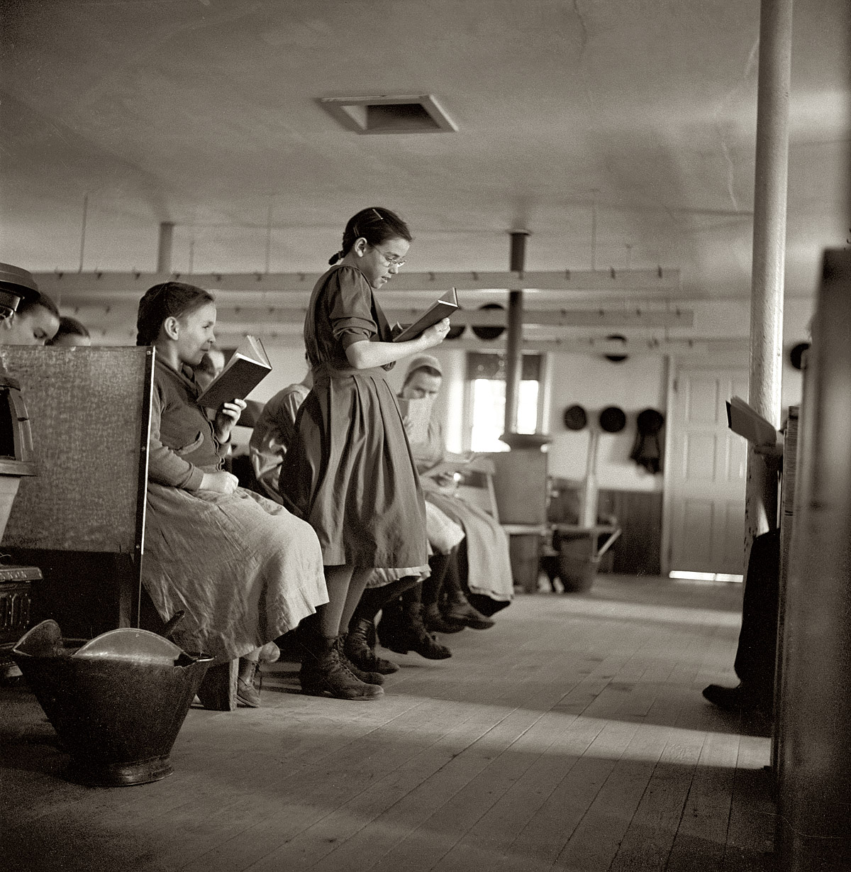 March 1942. Hinkletown, Pennsylvania (vicinity). "Deutsch school" held in a Mennonite church. Nitrate negative by John Collier for the FSA. View full size.