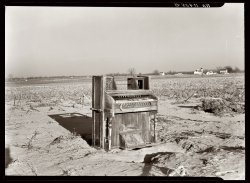 February 1937. "An organ deposited by the flood on a farm near Mount Vernon, Indiana." View full size. 5x7 safety negative by Russell Lee for the FSA.