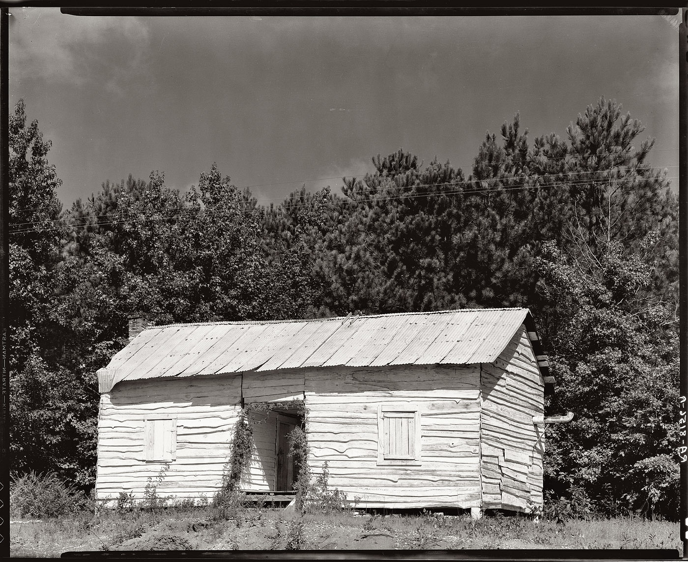 1935 or 1936. "Negro cabin in Hale County, Alabama." View full size. 8x10 nitrate negative by Walker Evans for the Farm Security Administration.