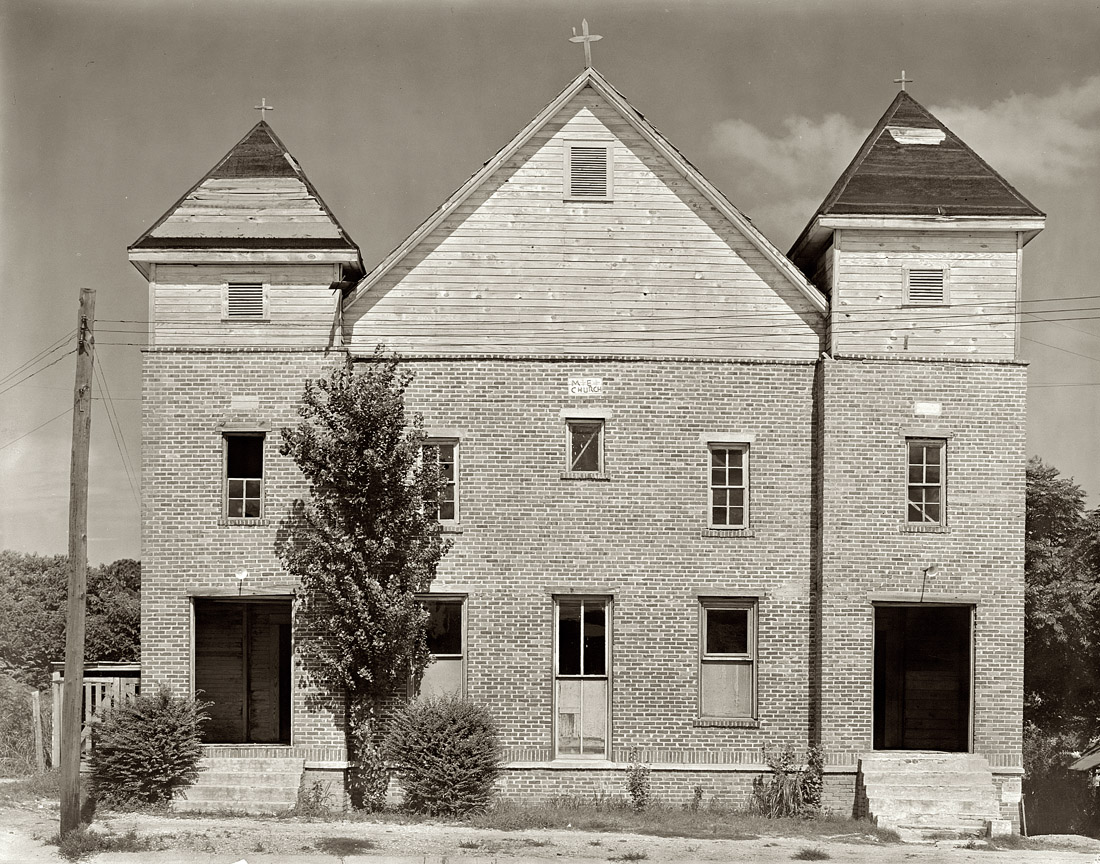 1936. "Church, Southeastern U.S., probably Alabama or Tennessee."  8x10 safety negative by Walker Evans for the Farm Security Administration. View full size.