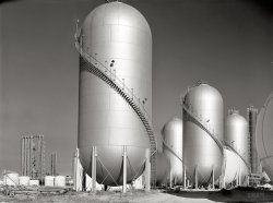 November 1942. "Phillips gasoline plant. Borger, Texas. Storage tanks." Medium-format negative by John Vachon, Office of War Information. View full size.
