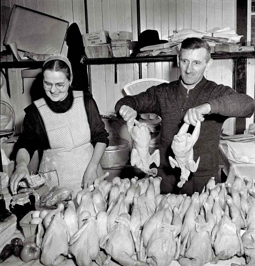 November 1942. Lititz, Pennsylvania. "Mennonite farmer and wife at the farmer's market." These folks look like they'd be only too happy to bend your ear about their birds. Photo by Marjory Collins, Office of War Information. View full size.
