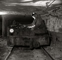 November 1942. "Pittsburgh, Pennsylvania (vicinity). Montour No. 4 mine of the Pittsburgh Coal Co. Mine car operating off a trolley cable." Medium-format nitrate negative by John Collier for the Office of War Information. View full size.