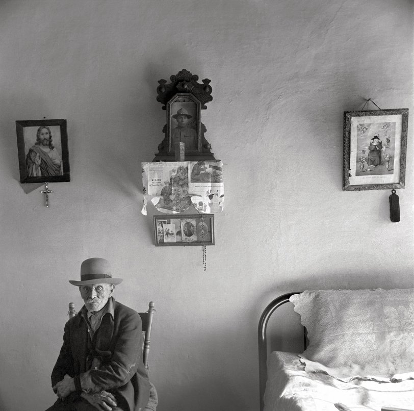 January 1943. Trampas, New Mexico. "Grandfather Romero, a member of the family of Juan Lopez, the majordomo, is ninety-nine years old." Medium-format nitrate negative by John Collier, Farm Security Administration. View full size.

