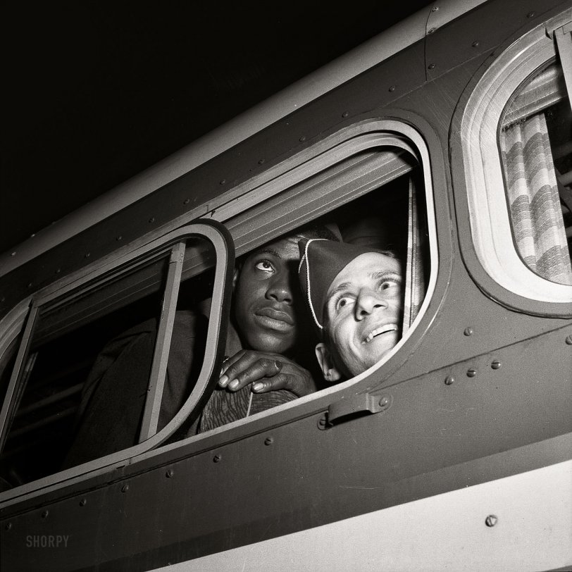 April 1943. Washington, D.C. "Soldiers looking out the window of the bus just before leaving the Greyhound terminal." Medium-format nitrate negative by Esther Bubley for the Office of War Information. View full size.
