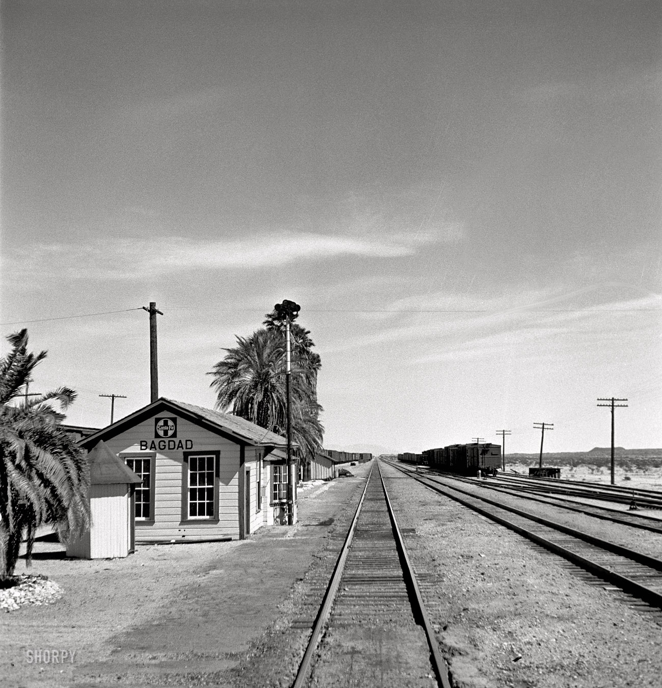 March 1943. "Bagdad, California. Going through the station on the Atchison, Topeka and Santa Fe Railroad between Needles and Barstow." Medium-format negative by Jack Delano for the Office of War Information. View full size.